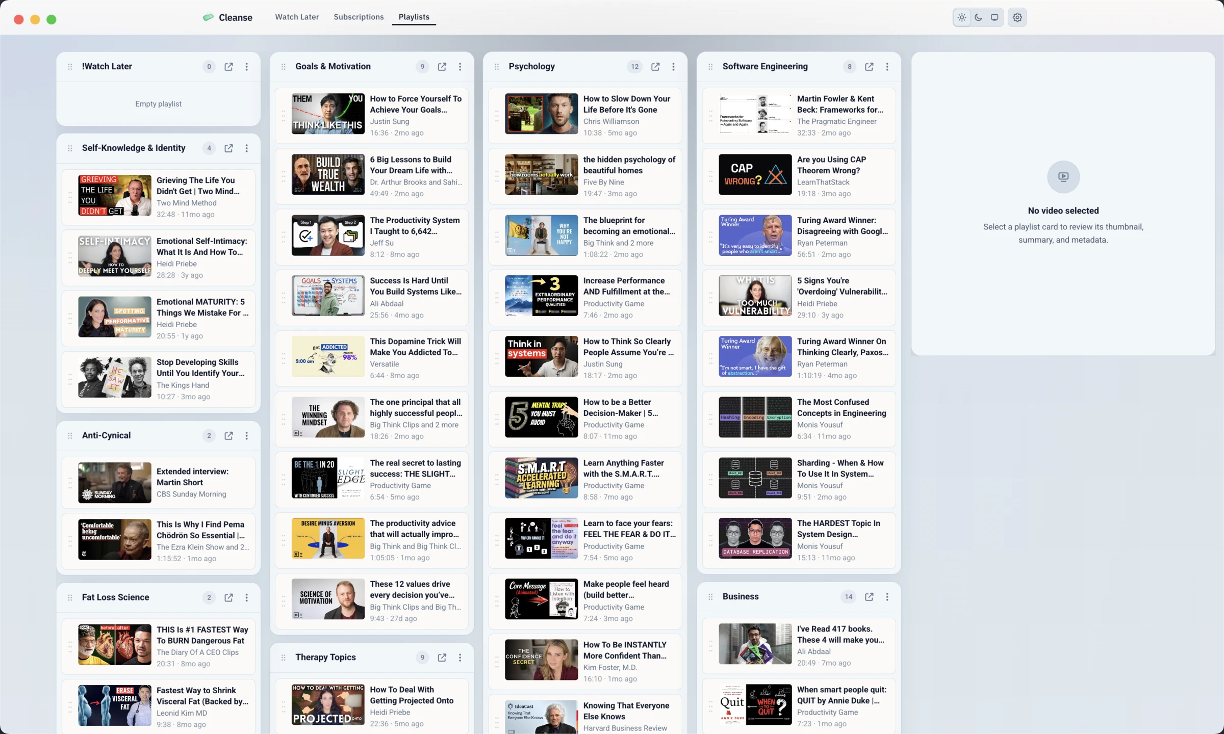 Cleanse for Mac showing playlists and collections as a board of cards, each holding saved videos