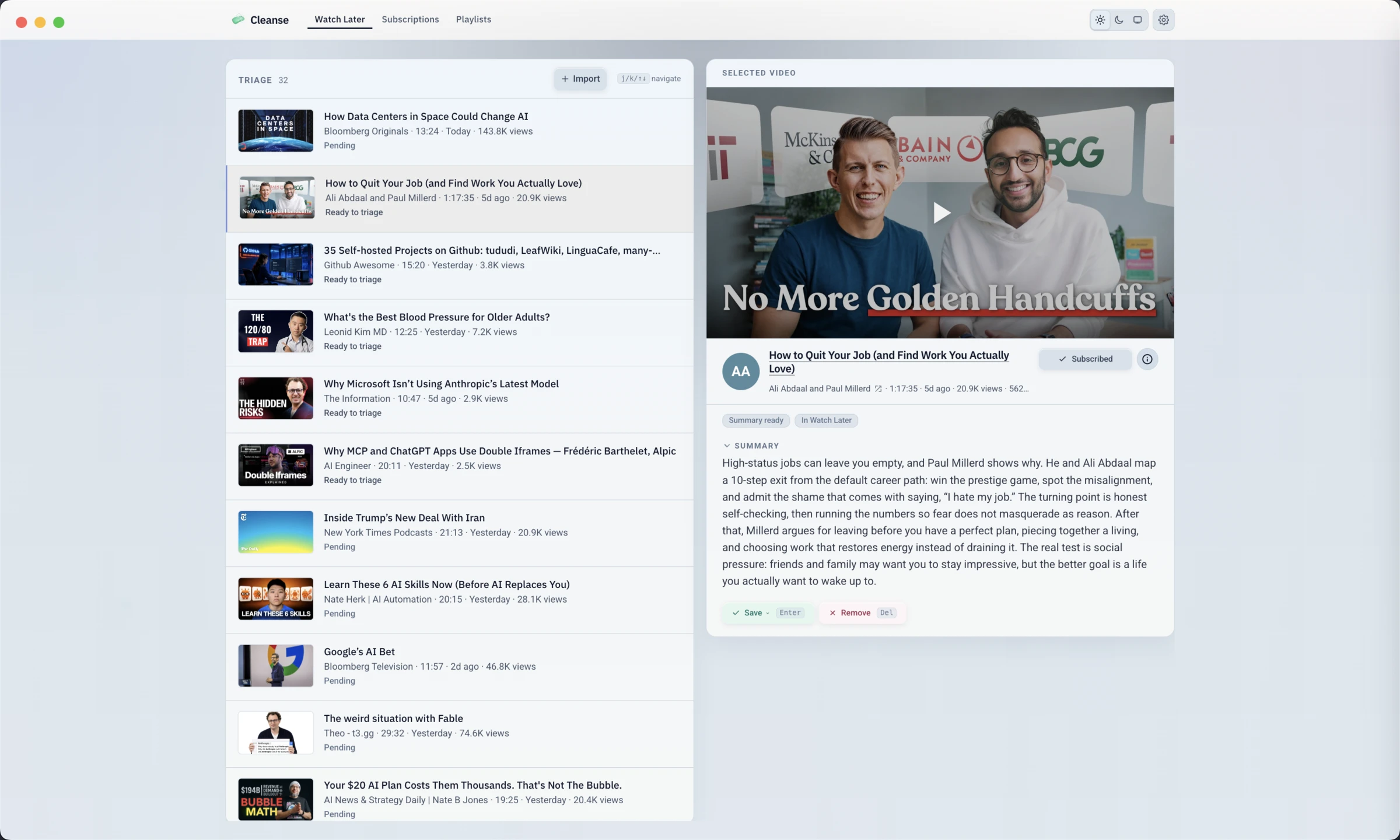 Cleanse for Mac showing the Watch Later triage list on the left and, on the right, a selected video with its summary and a keep-or-remove decision