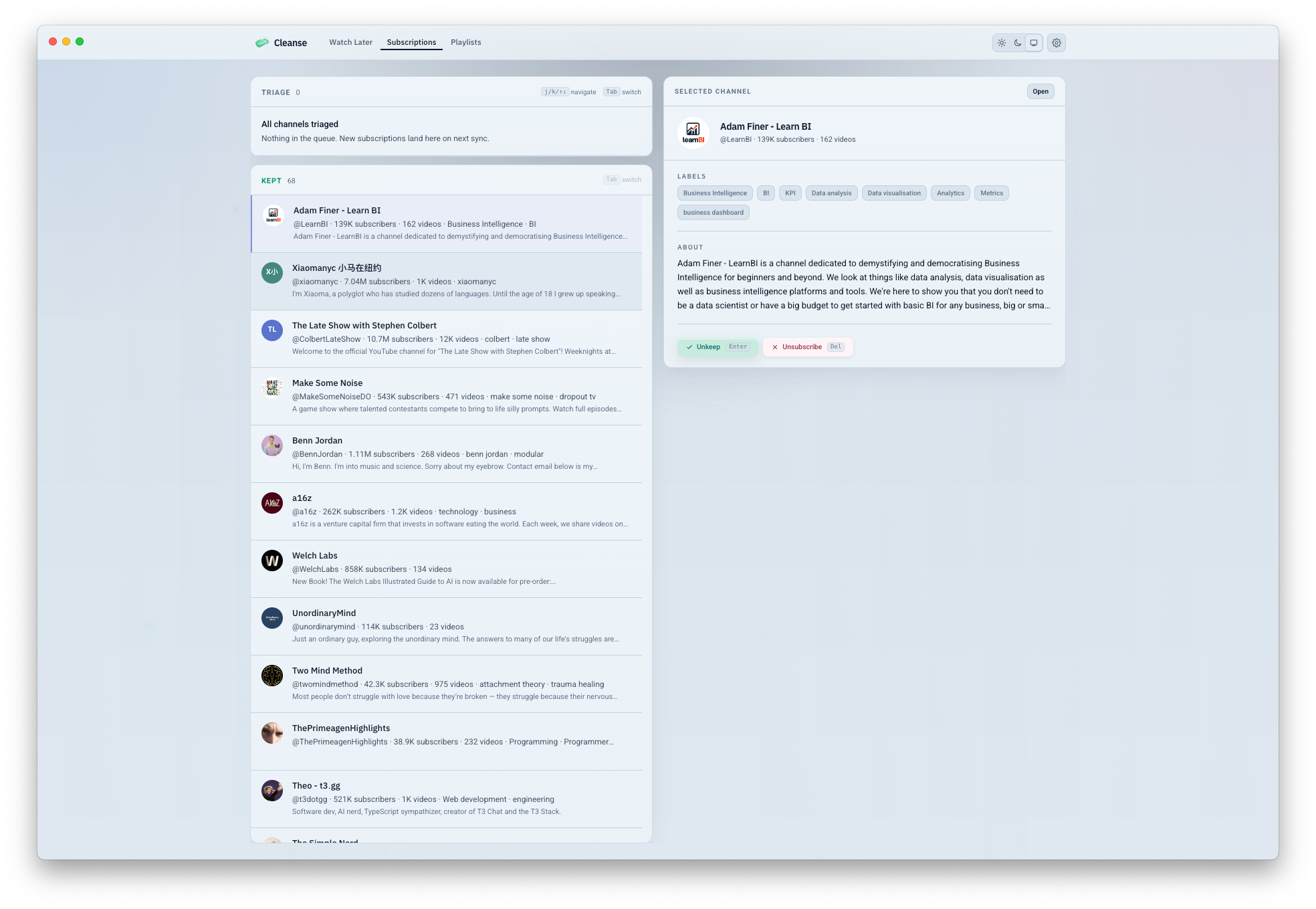 Cleanse subscriptions review view with keep and unsubscribe actions